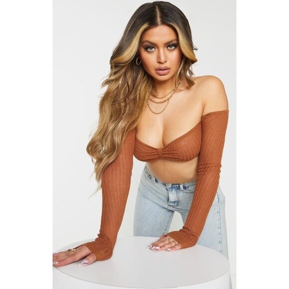 PrettyLittleThing Tops - NWT PRETTYLITTLETHING RUST SHEER KNIT BARDOT TWIST‎ FRONT TOP - Size Small